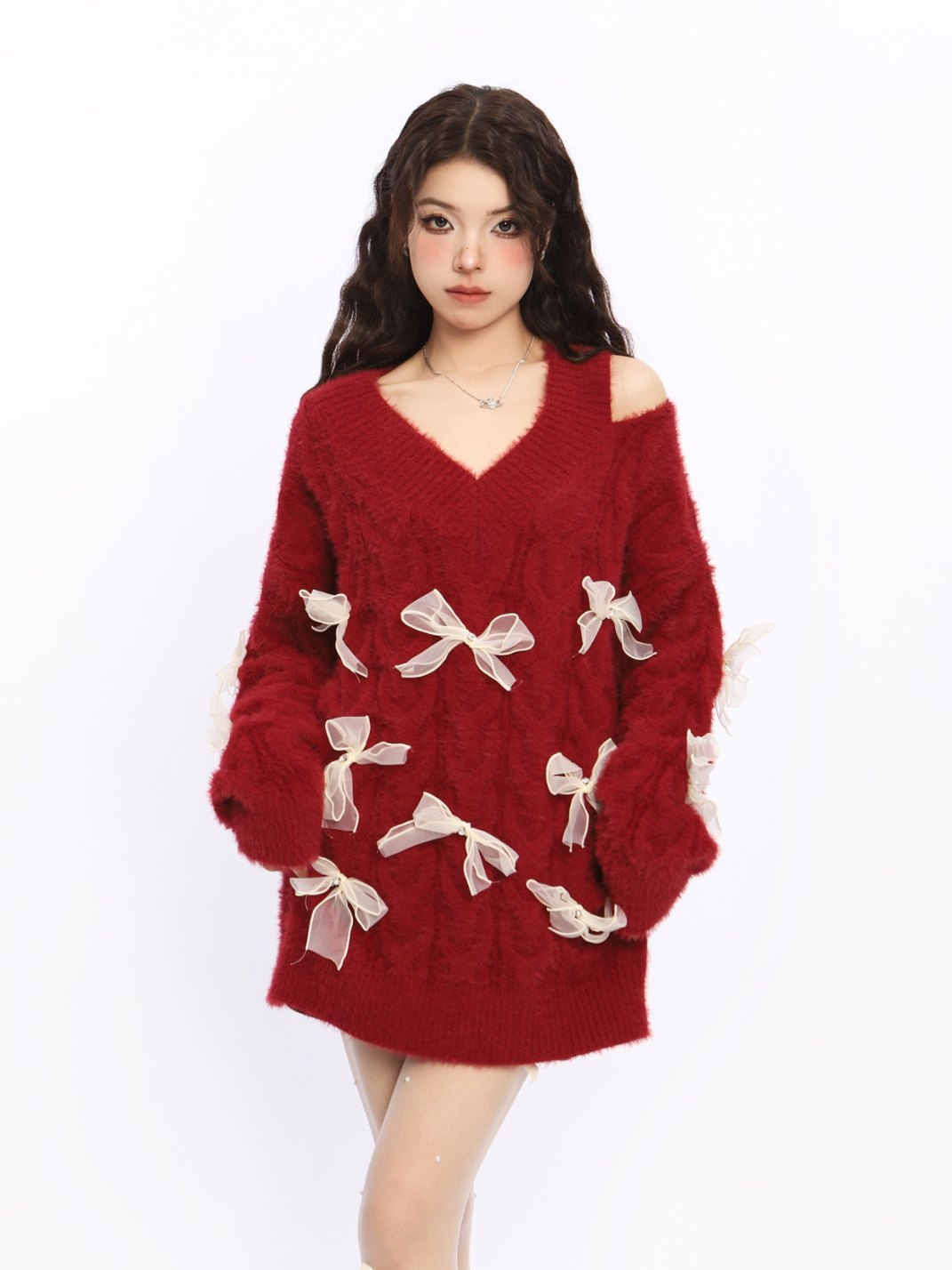 Off-Shoulder Bow Detail Knit Sweater