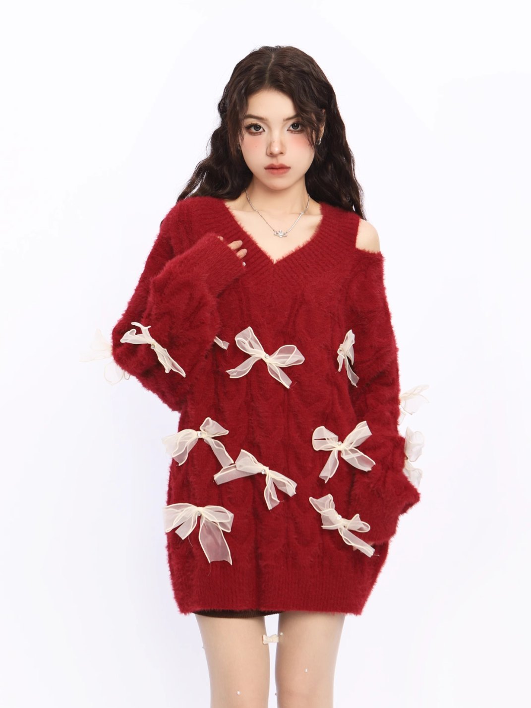 Off-Shoulder Bow Detail Knit Sweater