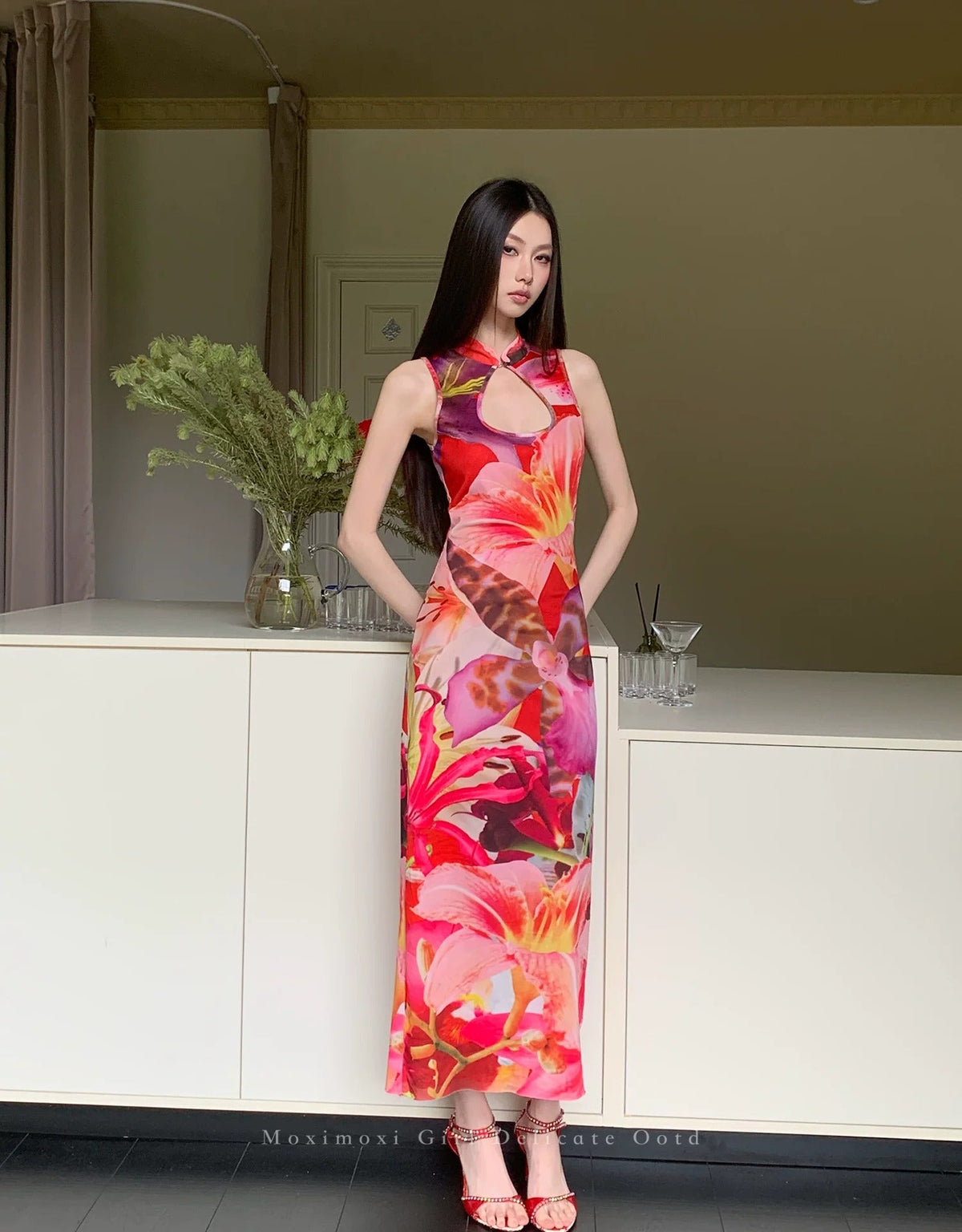 Crimson Floral Mesh Cutout Cheongsam Dress