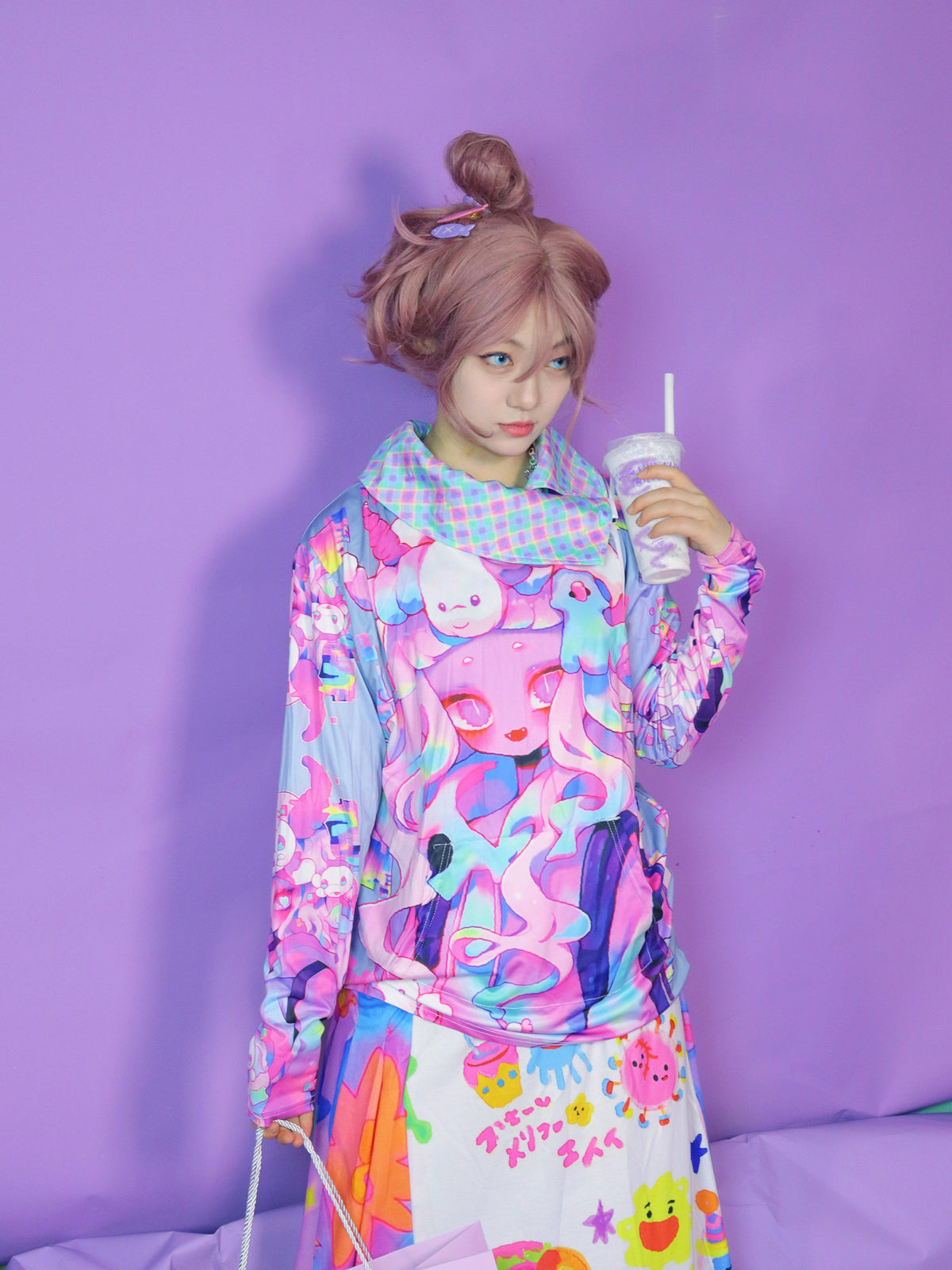 Kawaii Print Mesh Collar Sweatshirt