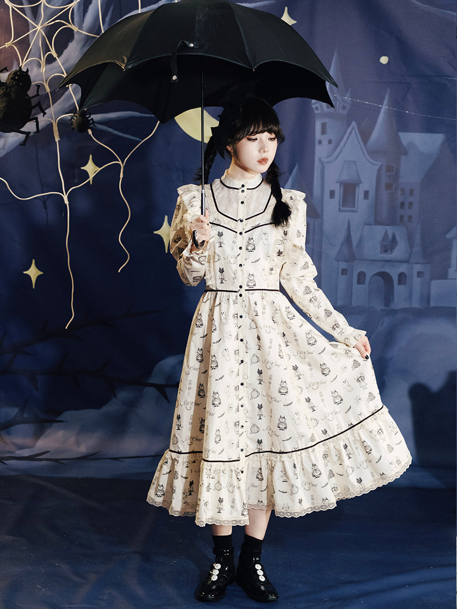 Cream Ghost Print Victorian Style Dress