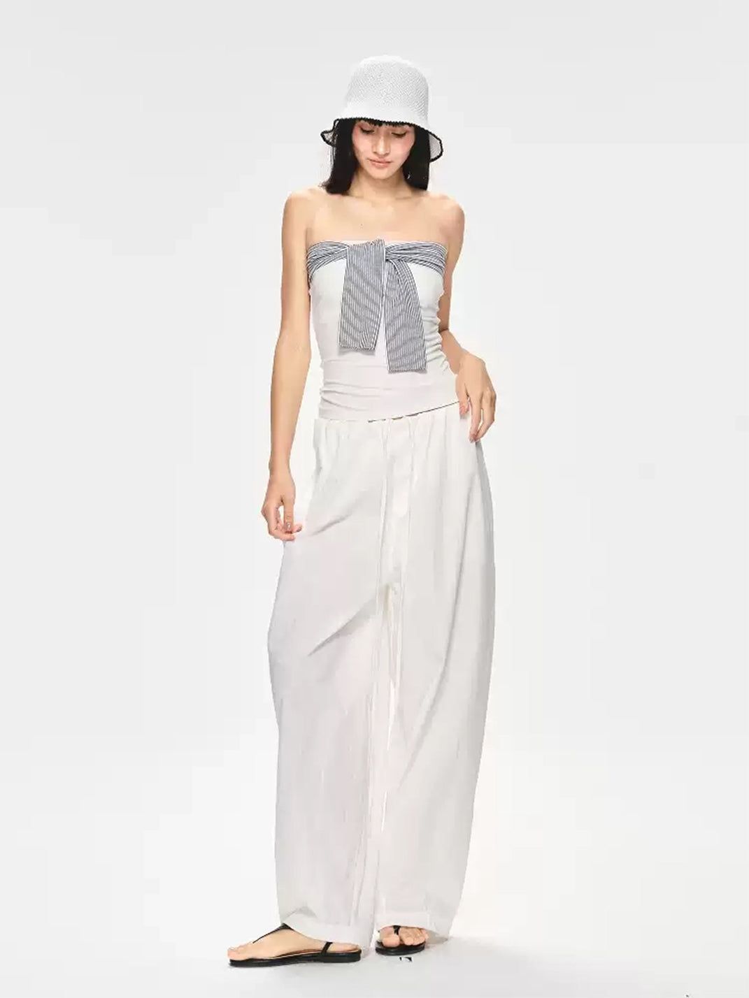 Gathered Slim-Waist Draped Wide-Leg Pants