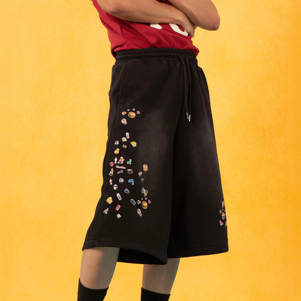 Black Sweat Shorts with Mini Sticker Print Graphics