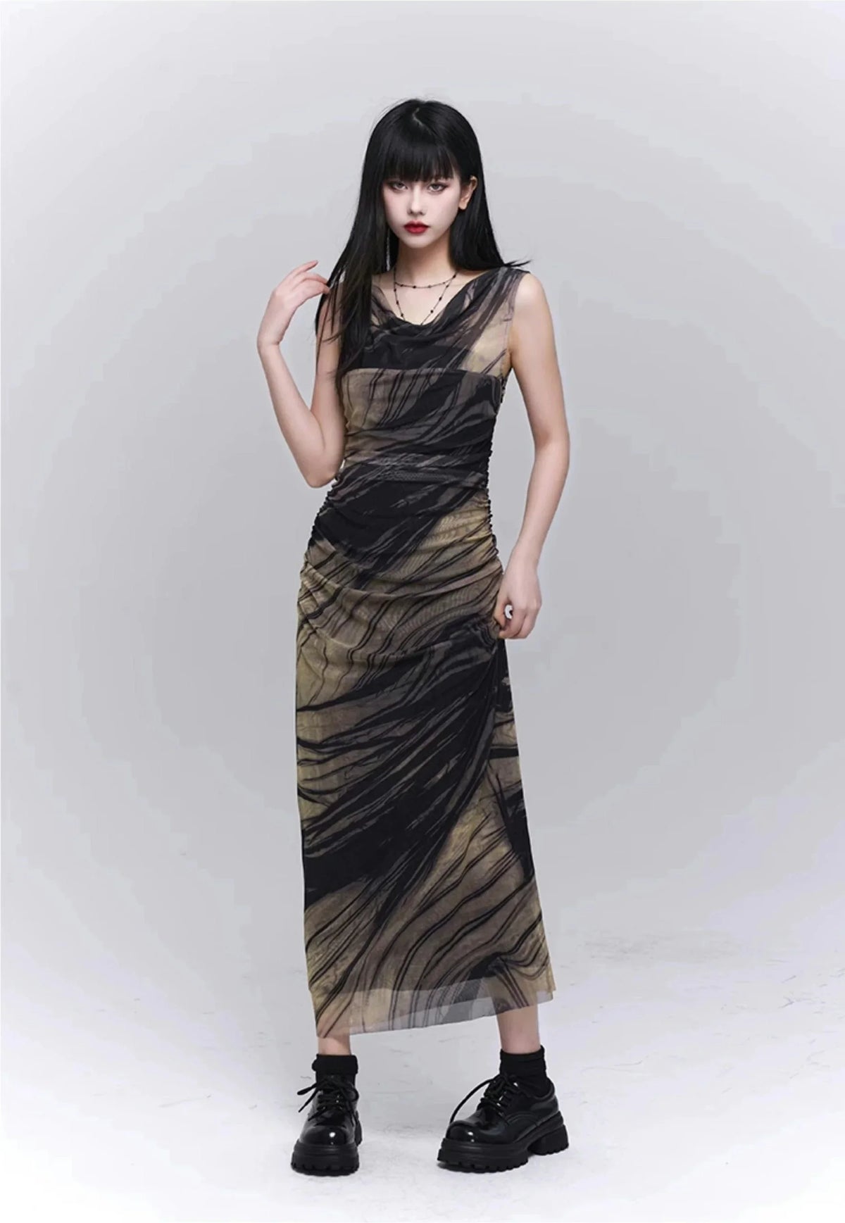 Marble Print Mesh Maxi Dress