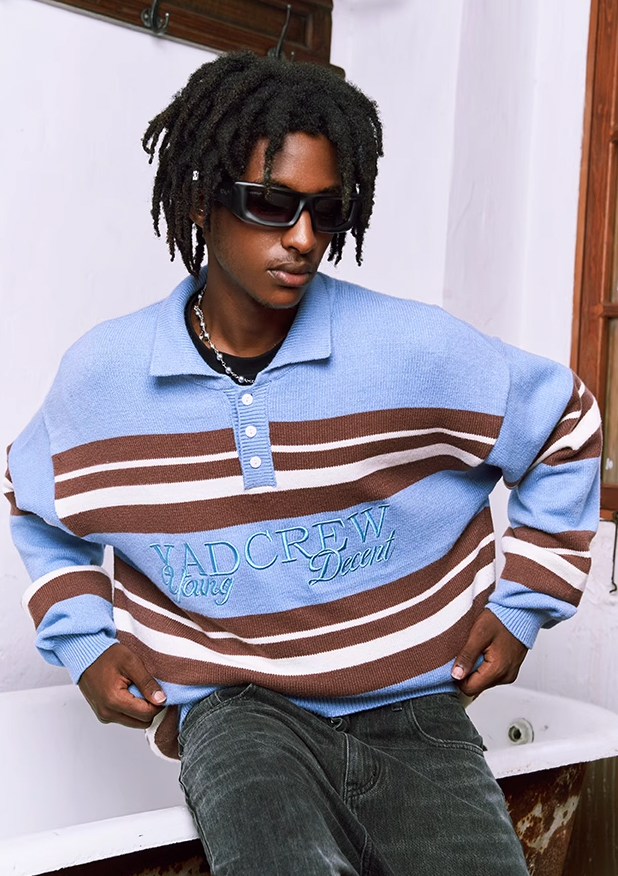 Embroidered Striped Polo Knit Sweater