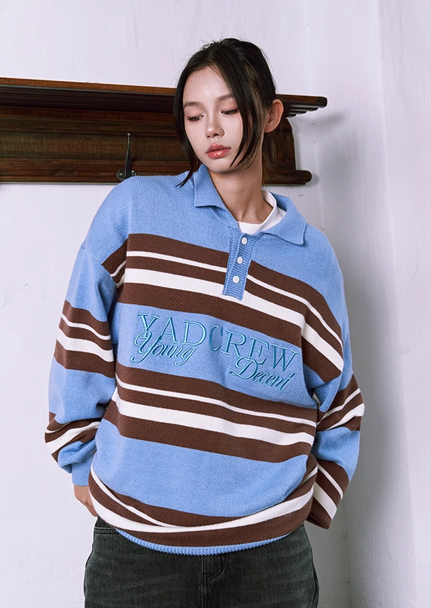Embroidered Striped Polo Knit Sweater