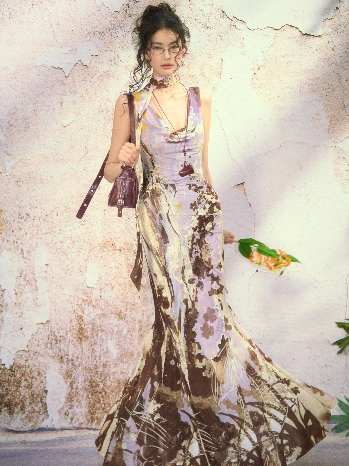 Floral Draped-Neck Mermaid Maxi Dress