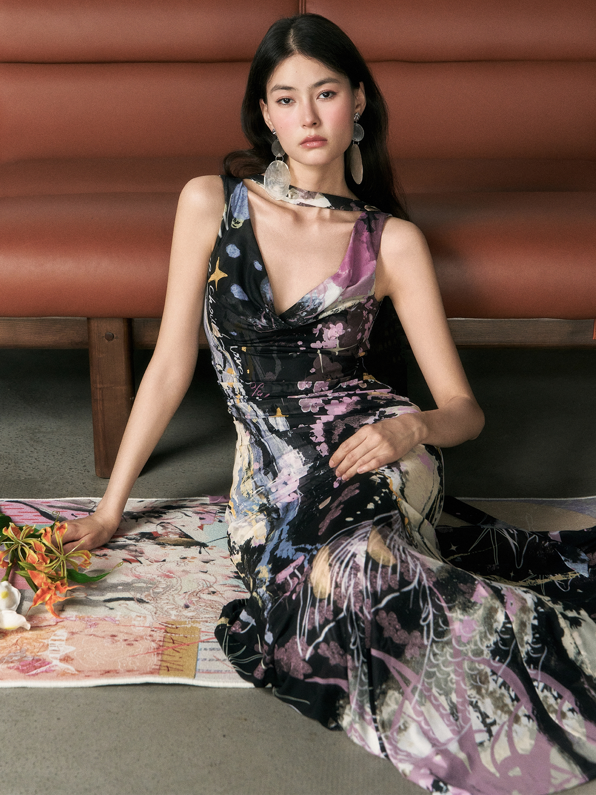 Floral Draped-Neck Mermaid Maxi Dress