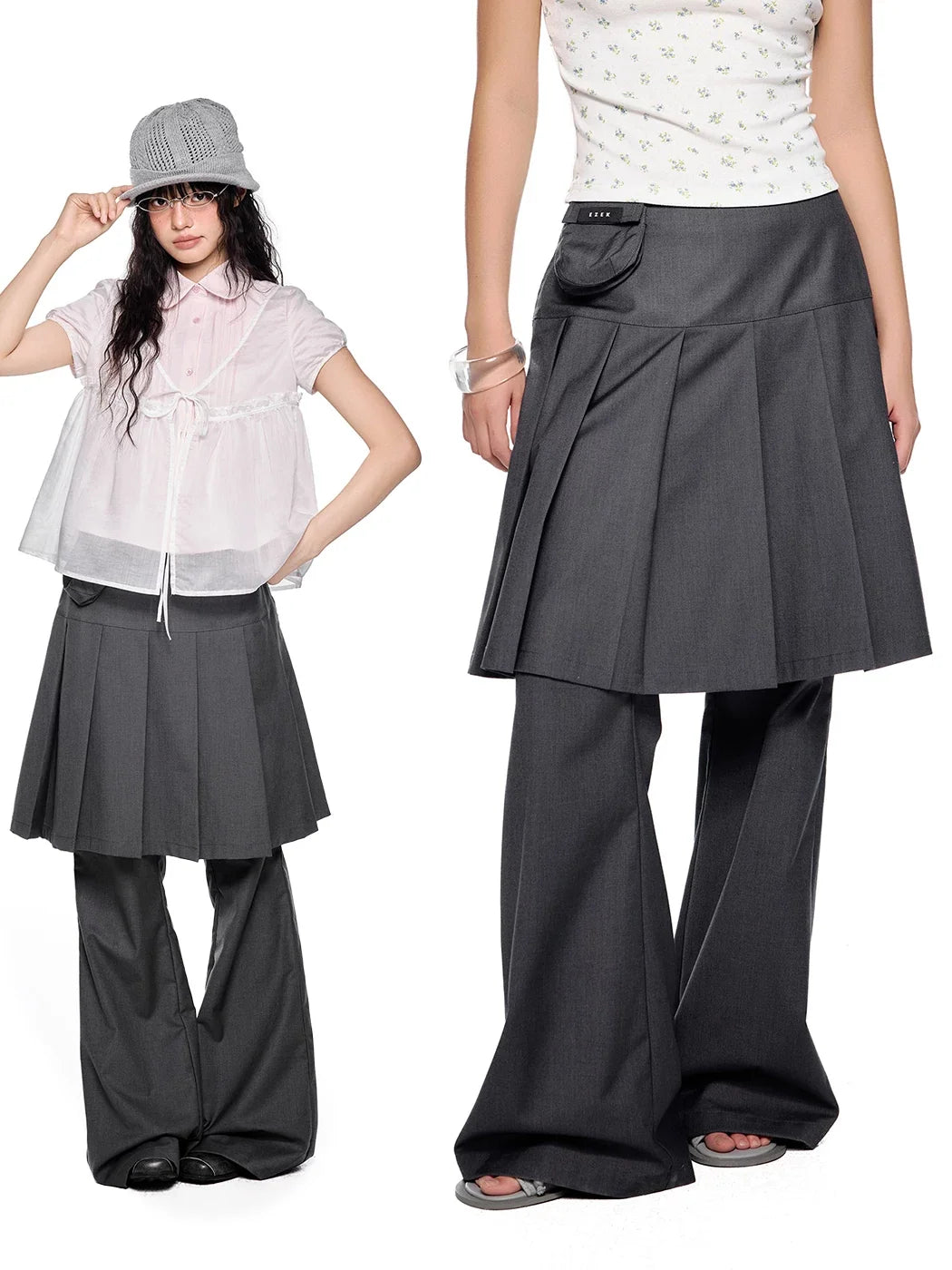 Pleated Skirt-Overlay Flare Pants