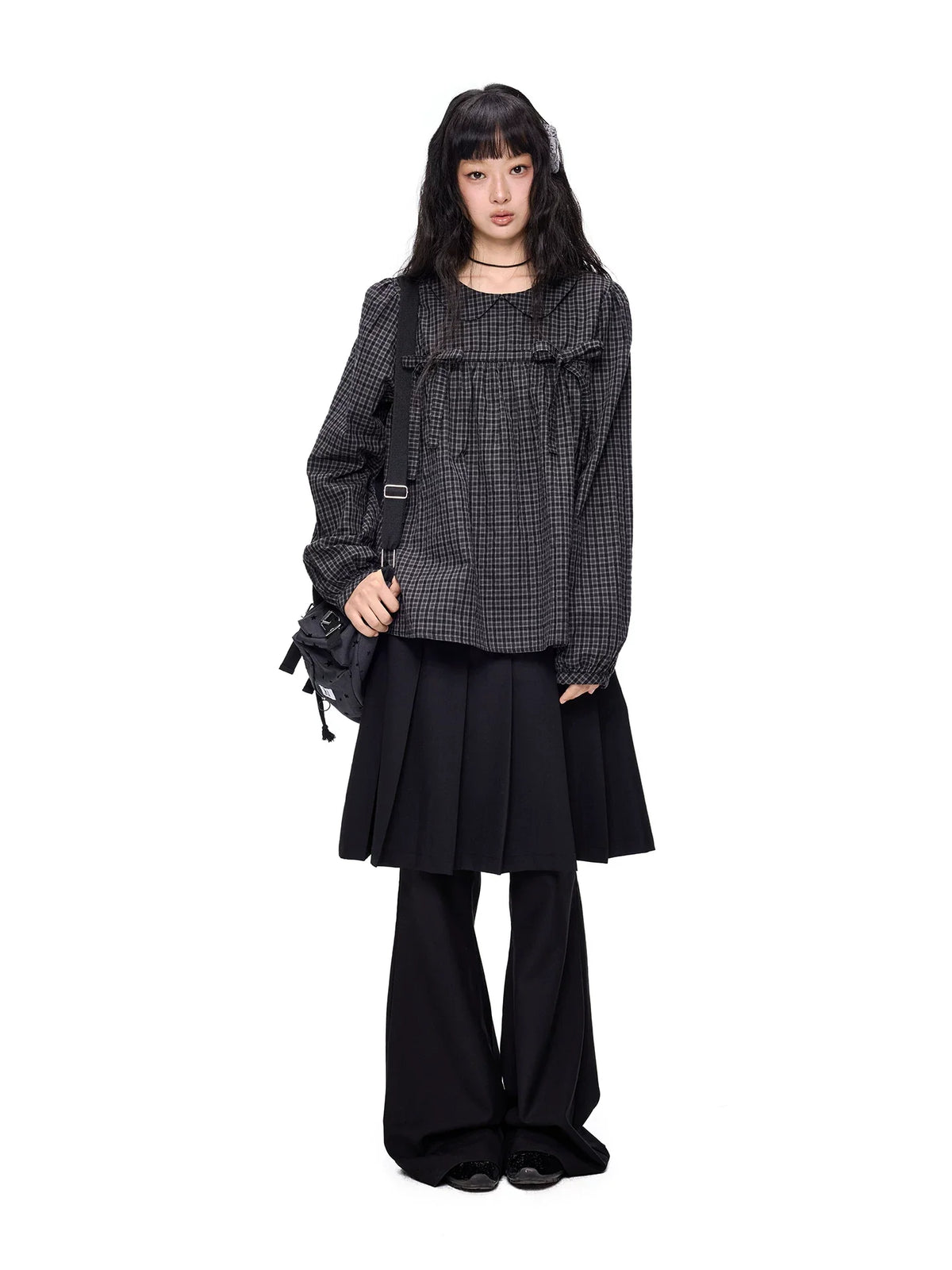 Pleated Skirt-Overlay Flare Pants