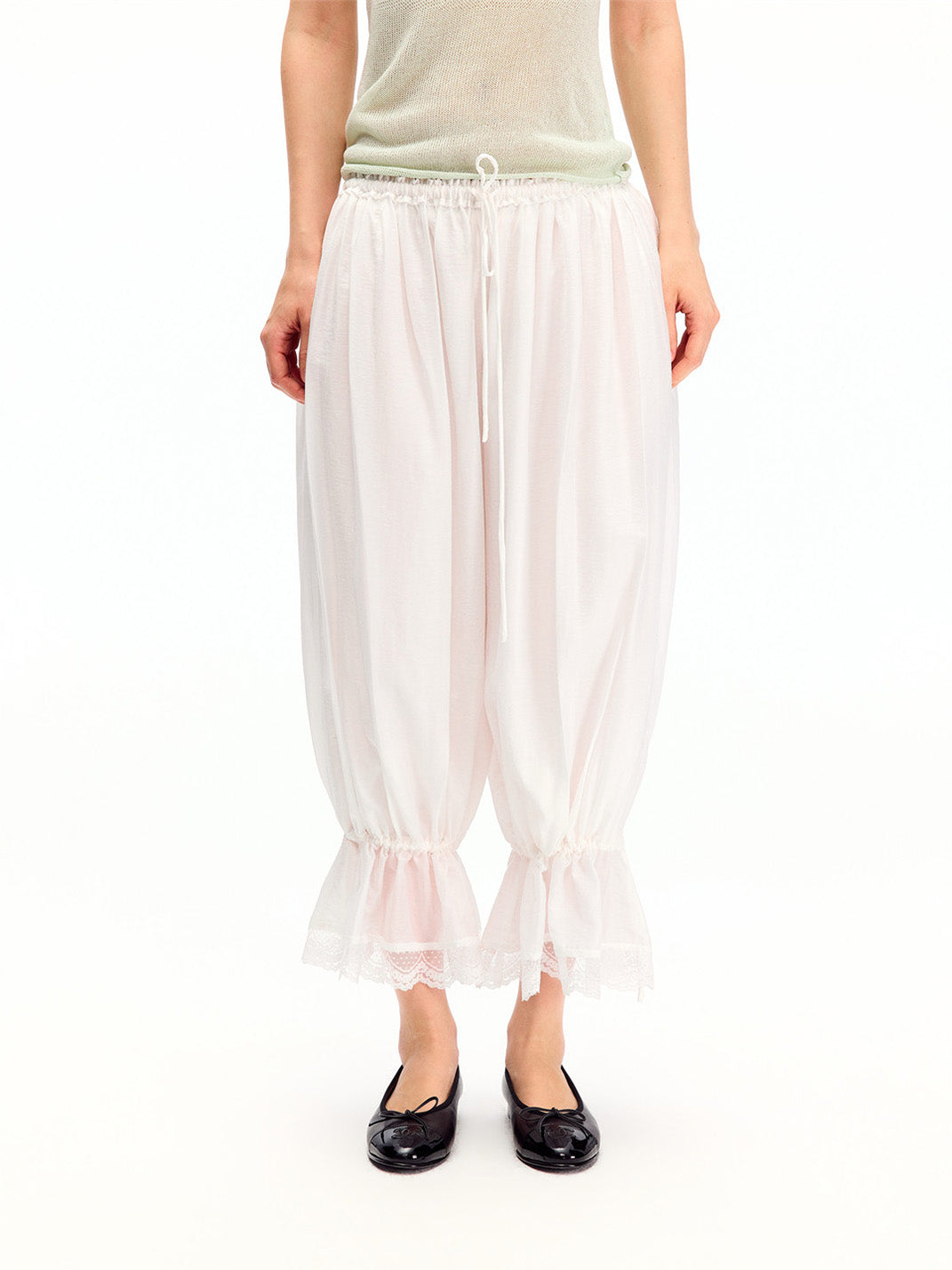 Cropped Balloon Pants with Lace Hem Drawstring