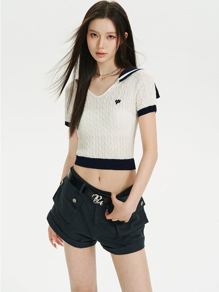 Via Pitti White Sailor-Collar Knit Crop Top