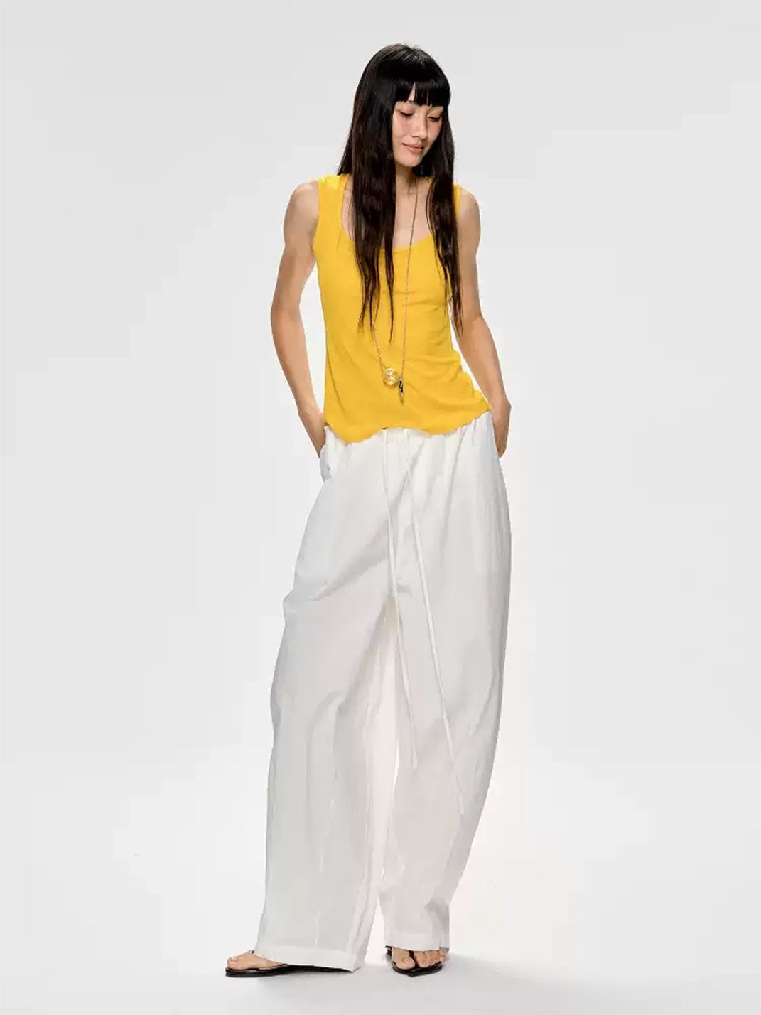 Gathered Slim-Waist Draped Wide-Leg Pants