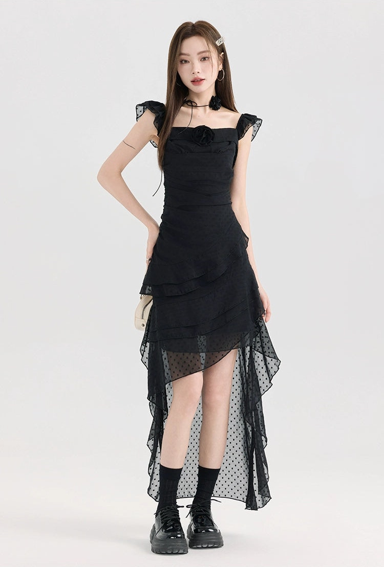 Polka Dot Mesh Ruffle High-Low Dress