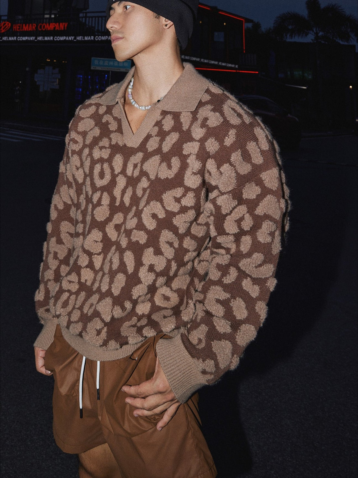 Brown Leopard Print Polo Sweater