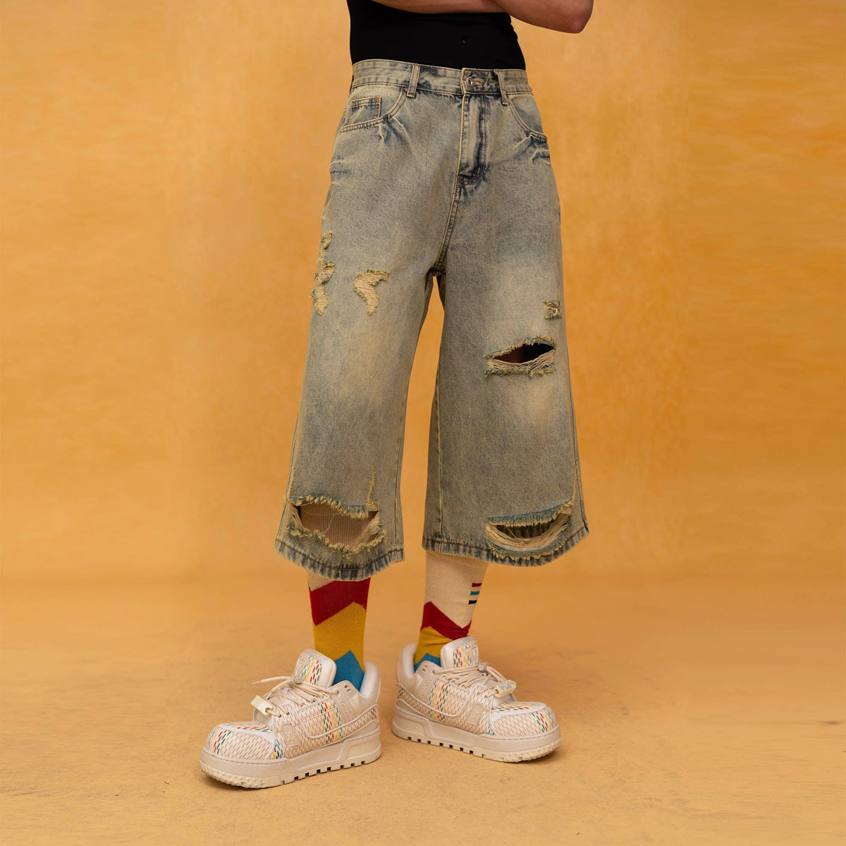 Distressed Wide-Leg Knee-Length Denim Shorts