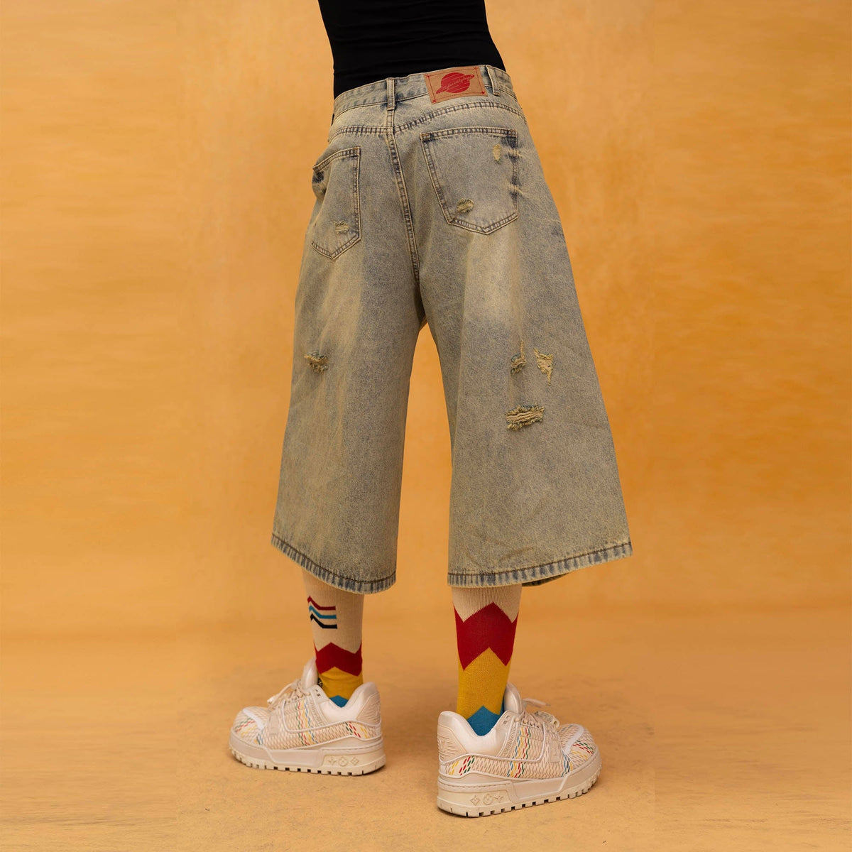 Distressed Wide-Leg Knee-Length Denim Shorts