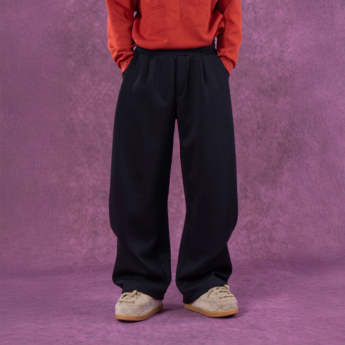 Gray and Black Pleated Wide-Leg Sweatpants