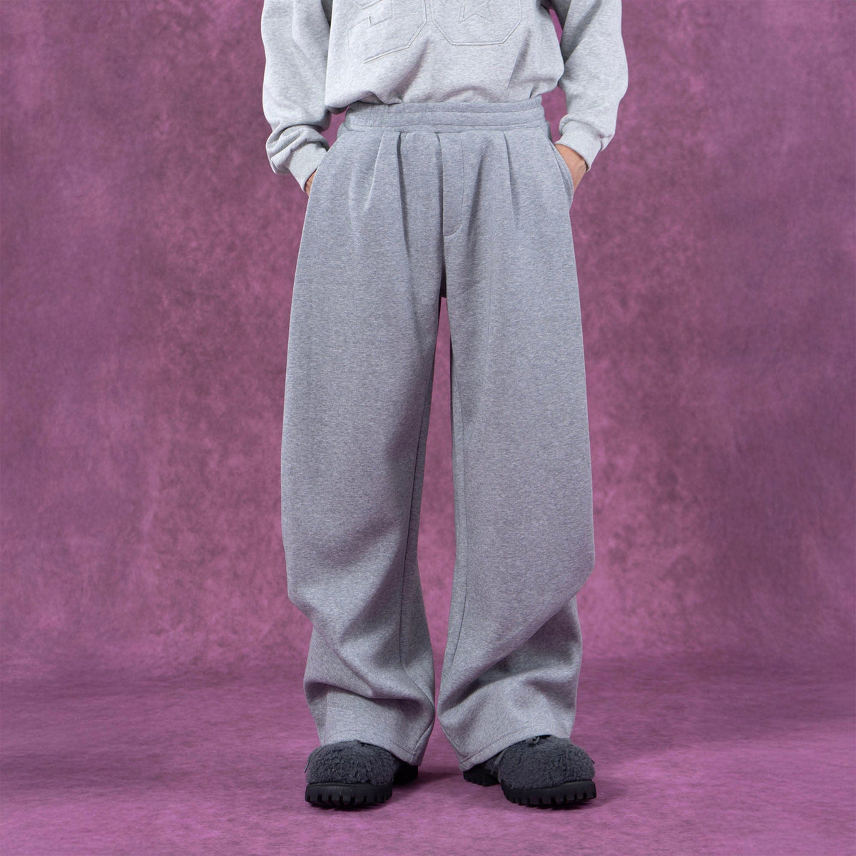 Gray and Black Pleated Wide-Leg Sweatpants