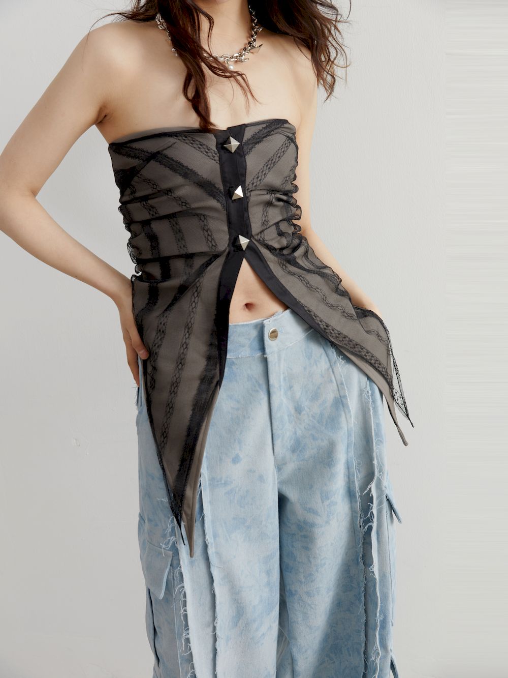 Sheer Asymmetric Studded Tube Top