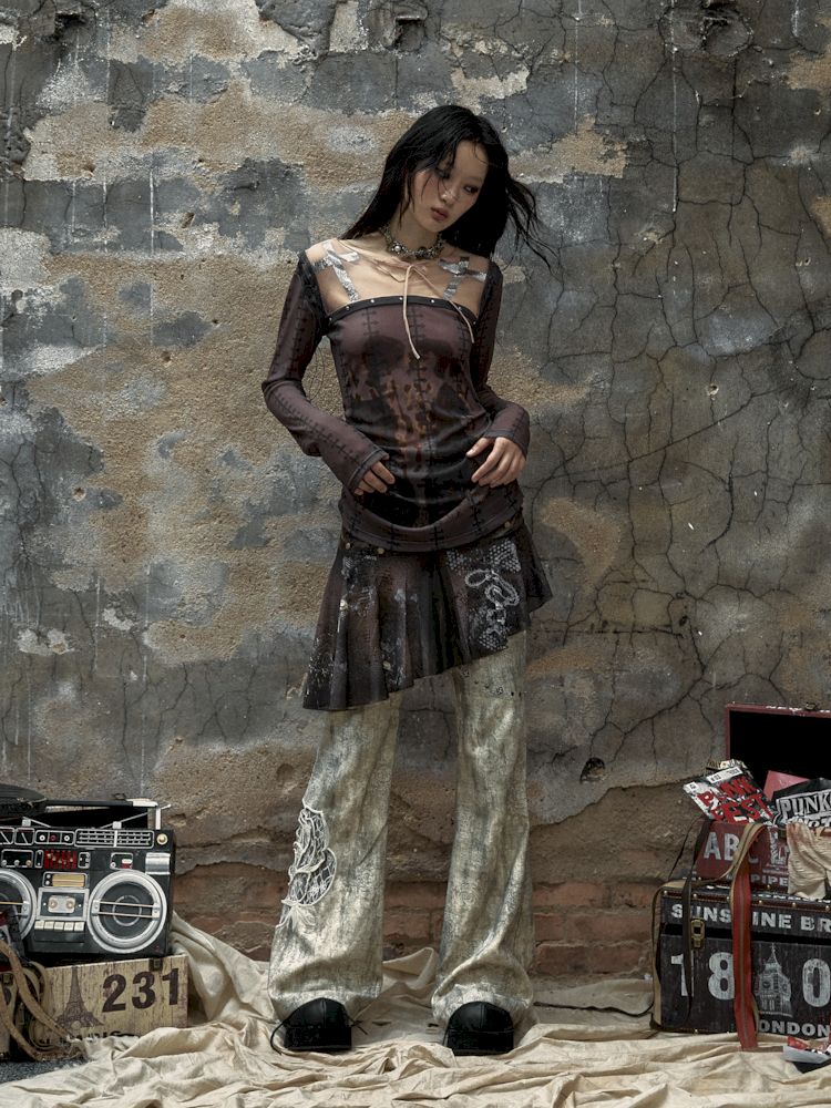 No Romance Metallic Rose-Print Flared Pants