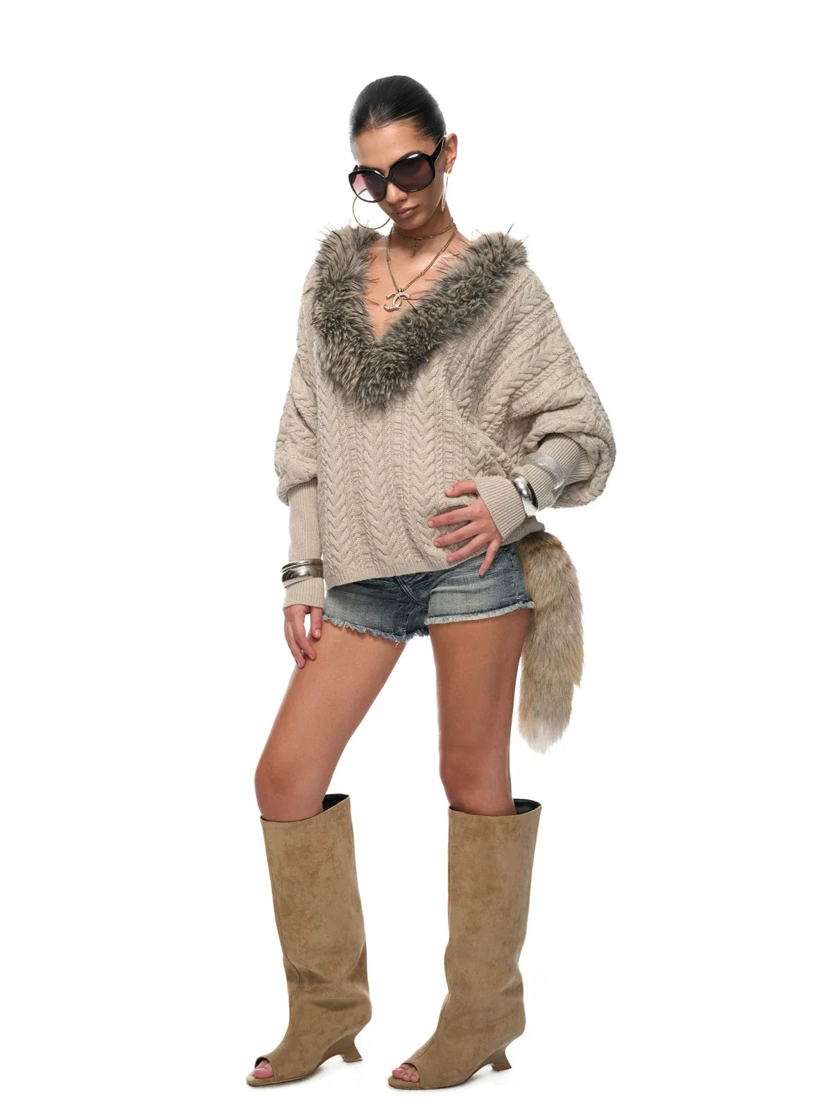 Frost Collar Slouchy Cable Knit Sweater
