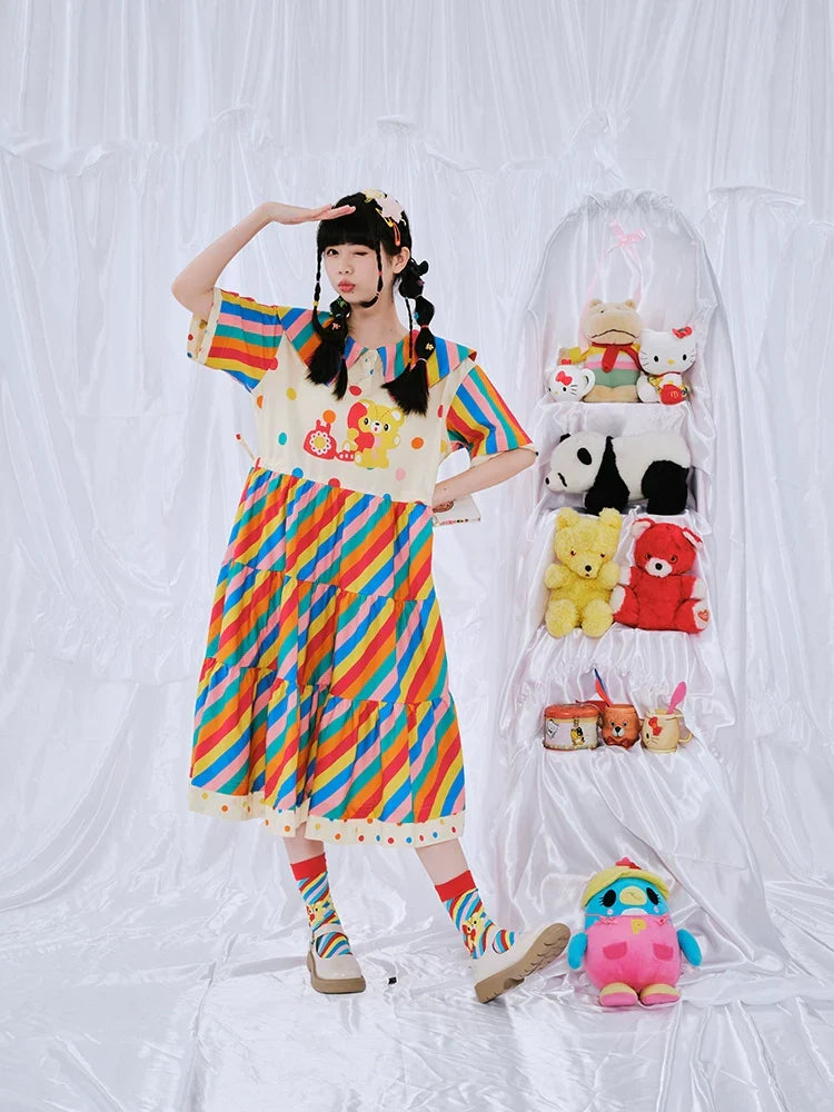 Rainbow Stripe Teddy Bear Party Dress