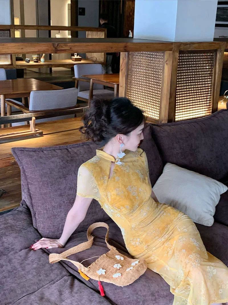 Sheer Floral Cheongsam-Inspired Maxi Dress