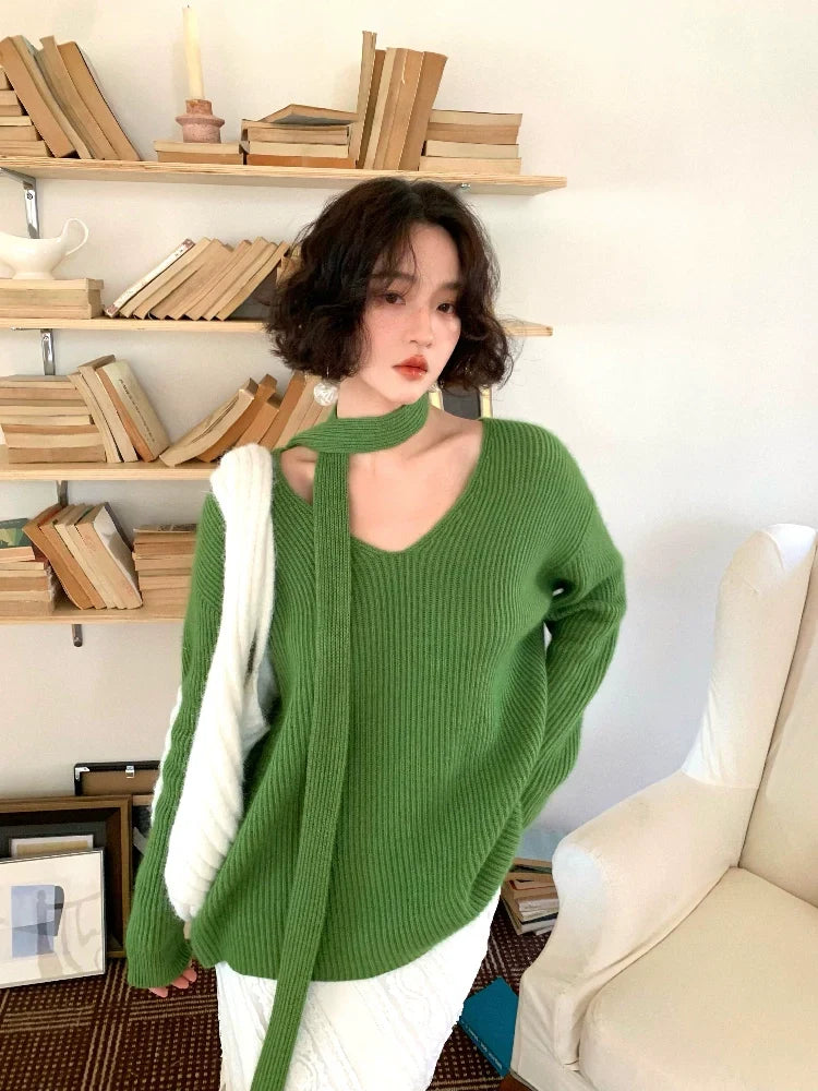 Ribbed Knit Sweater with Skinny Scarf