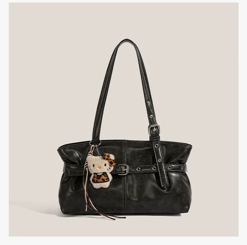 Midnight Kitty Faux-Leather Buckle Shoulder Bag