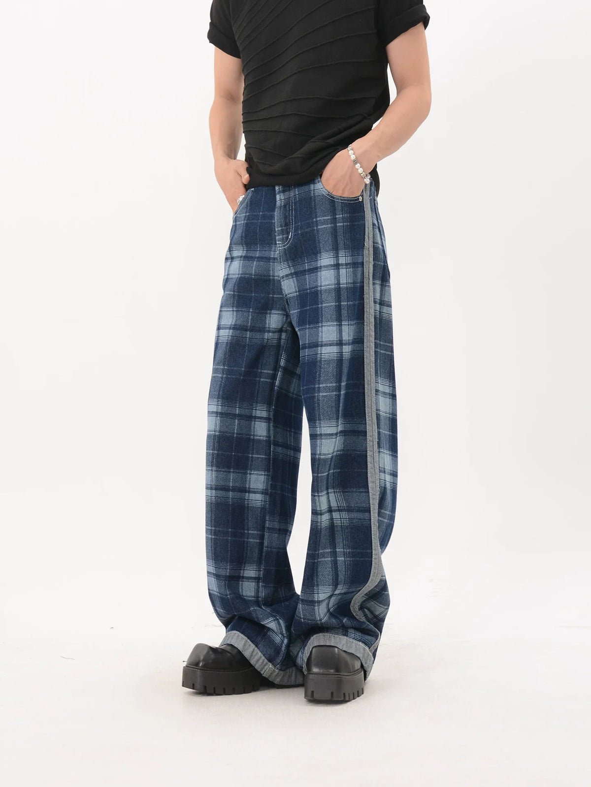 Blue Contrast Trim Plaid Wide Leg Pants