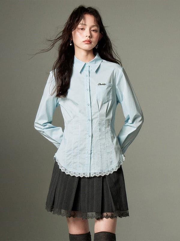 Lace-Hem Fitted Button-Up Shirt