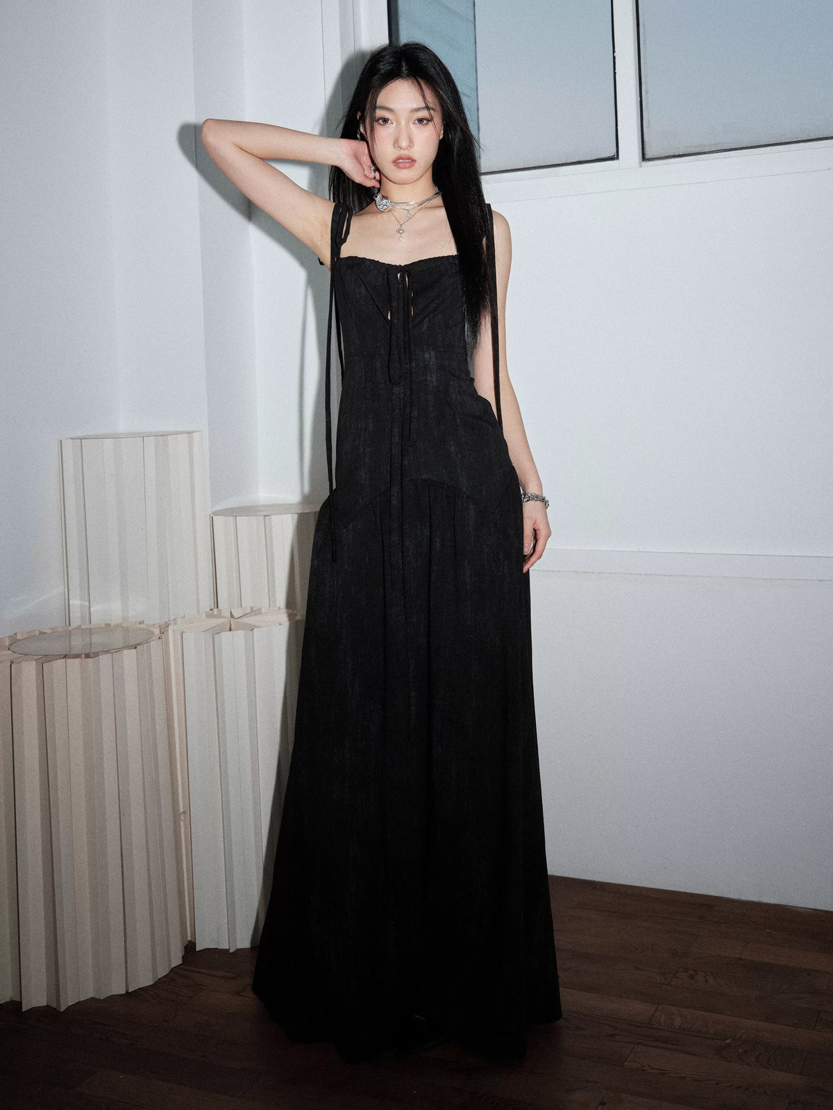 Black Ribbon-Strap Corset Maxi Dress