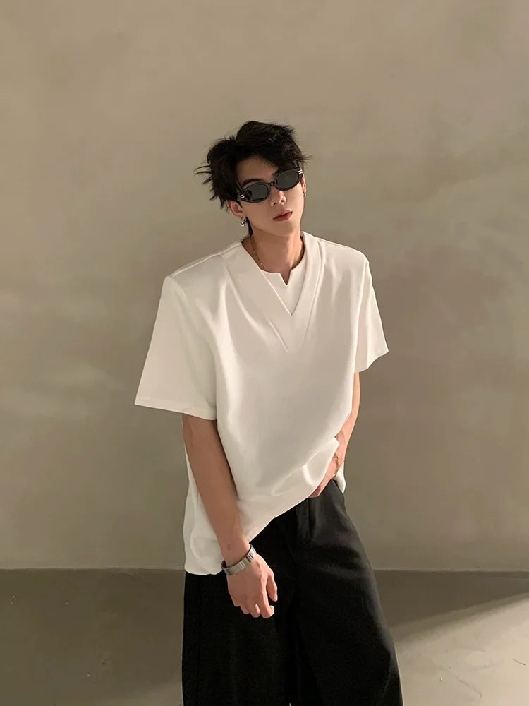 Minimalist Short Sleeve Shirt with Deep V Notched Neckline