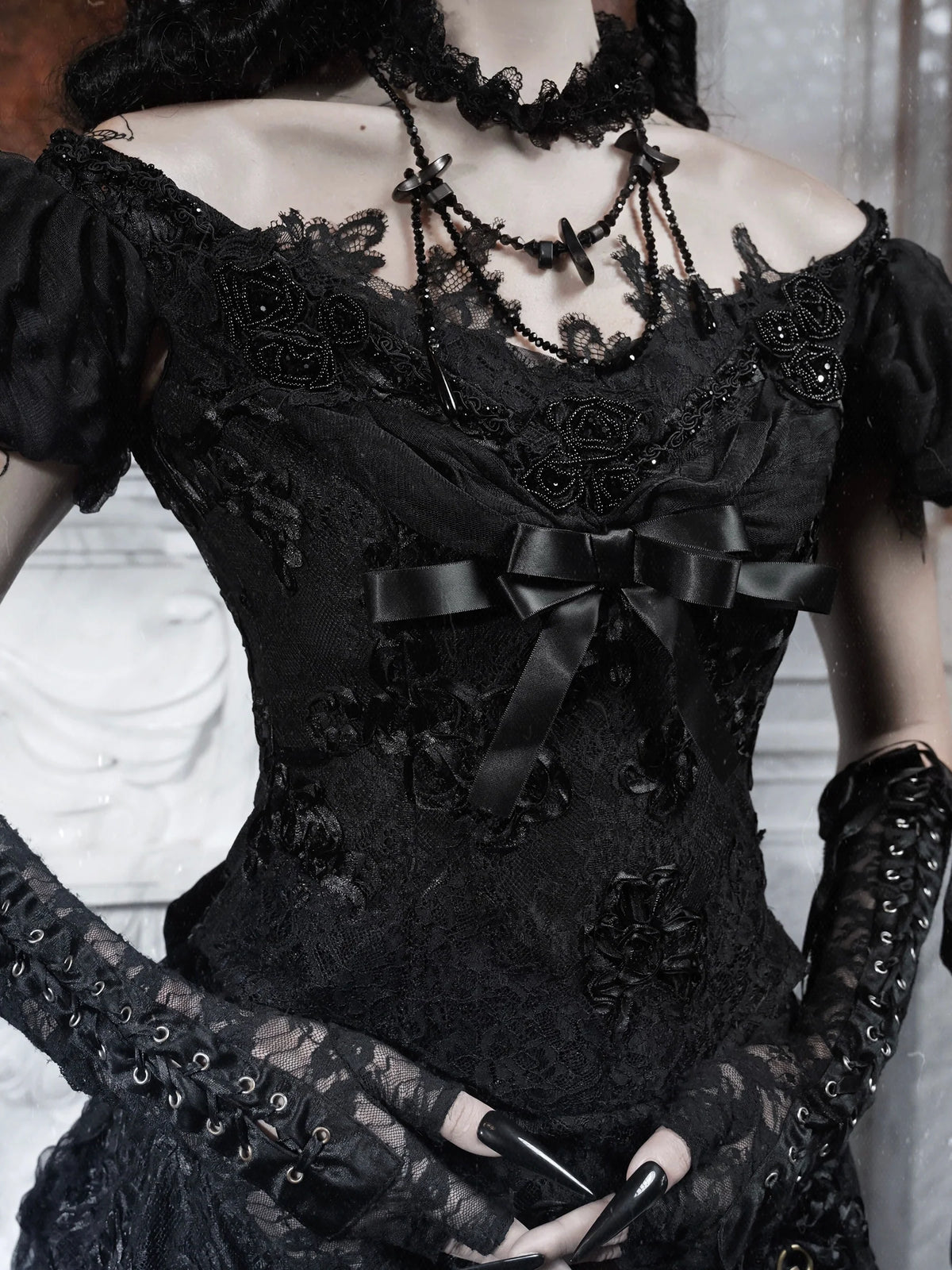 BLOOD SUPPLY Black Lace Puff-Sleeve Corset Top