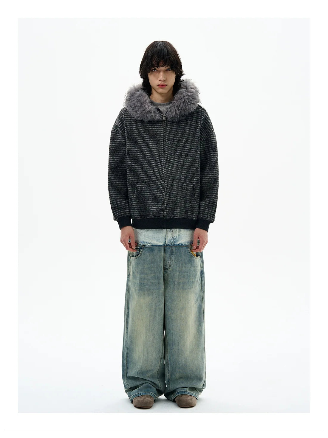 Striped Faux Fur Collar Zip Hoodie