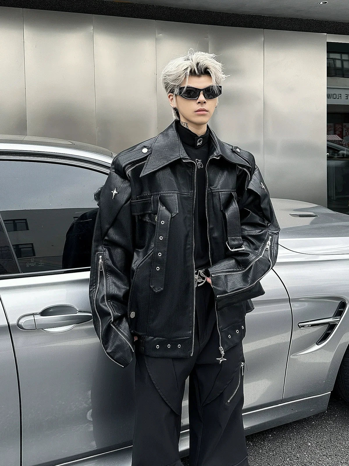 Oversized Star Patch Leather Jacket