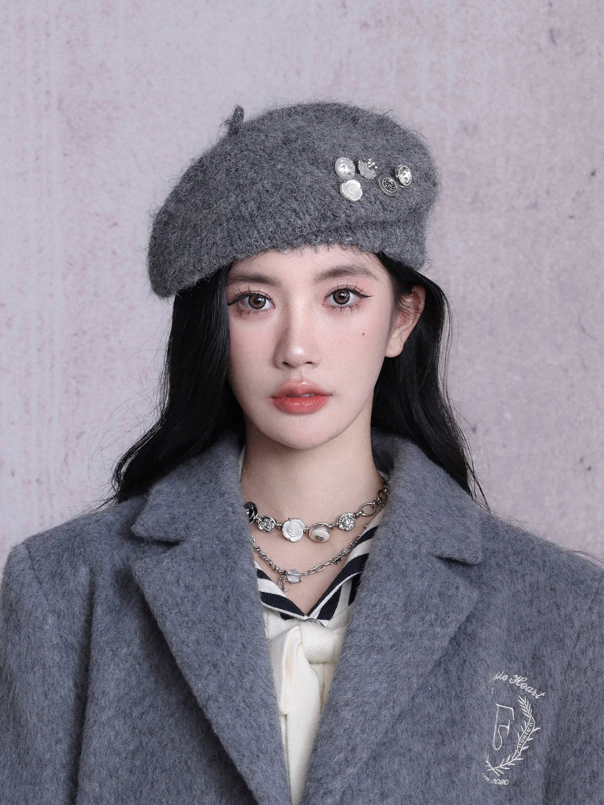 Mohair Button Beret Hat