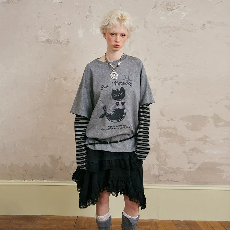 Vintage Graphic Print Layered Sweater