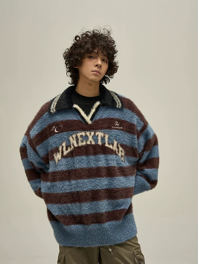 Fuzzy Striped Rugby Collar Sweater