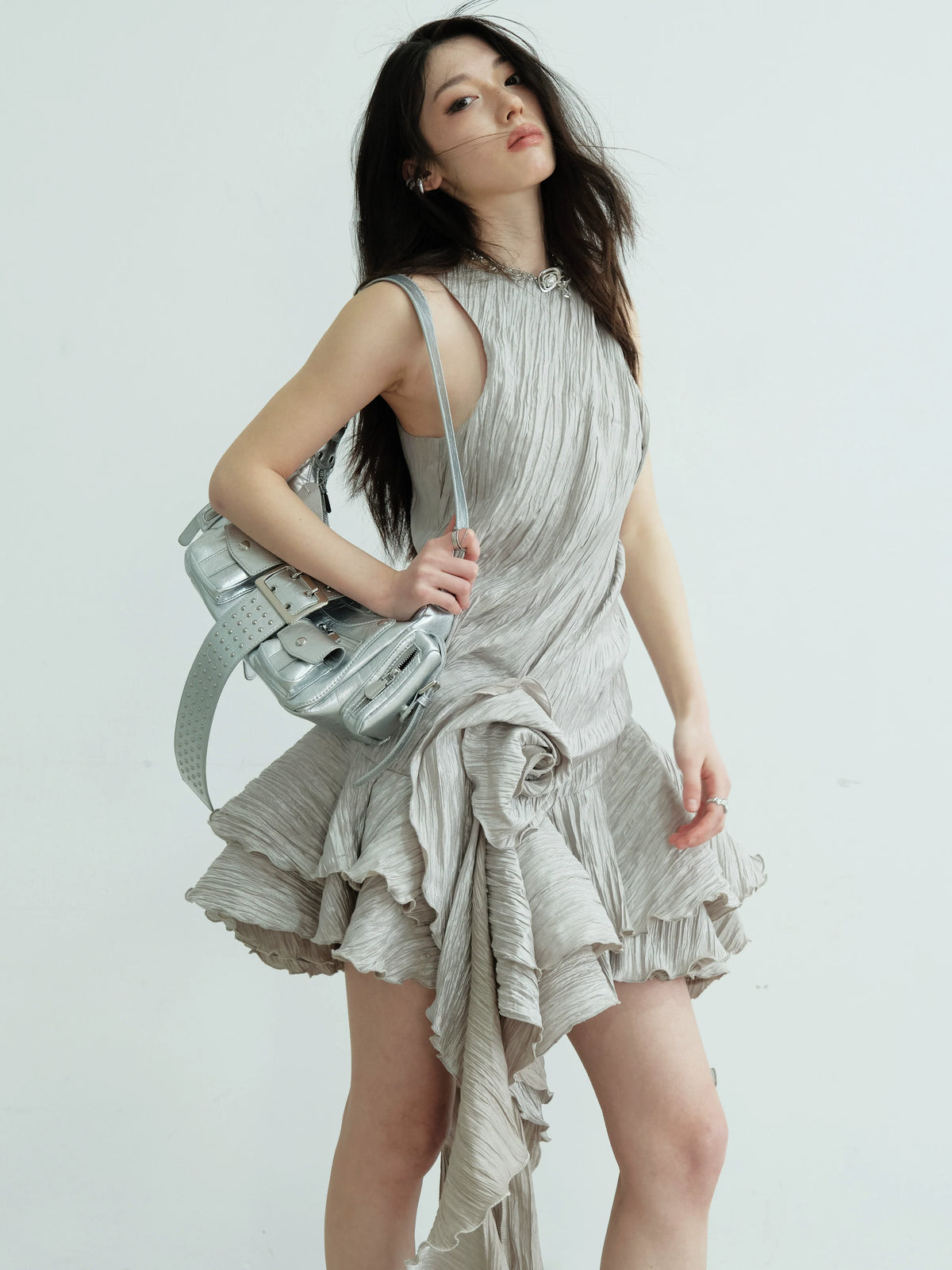Asymmetric Ruffle Hem Metallic Party Dress