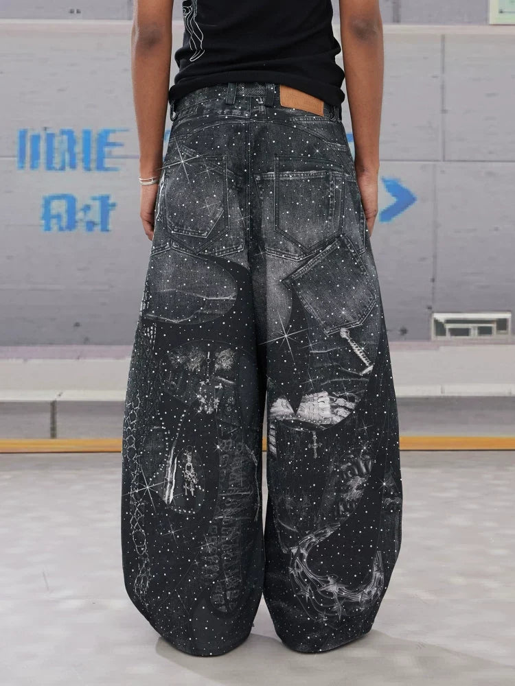Gothic Collage Print Wide Leg Jeans
