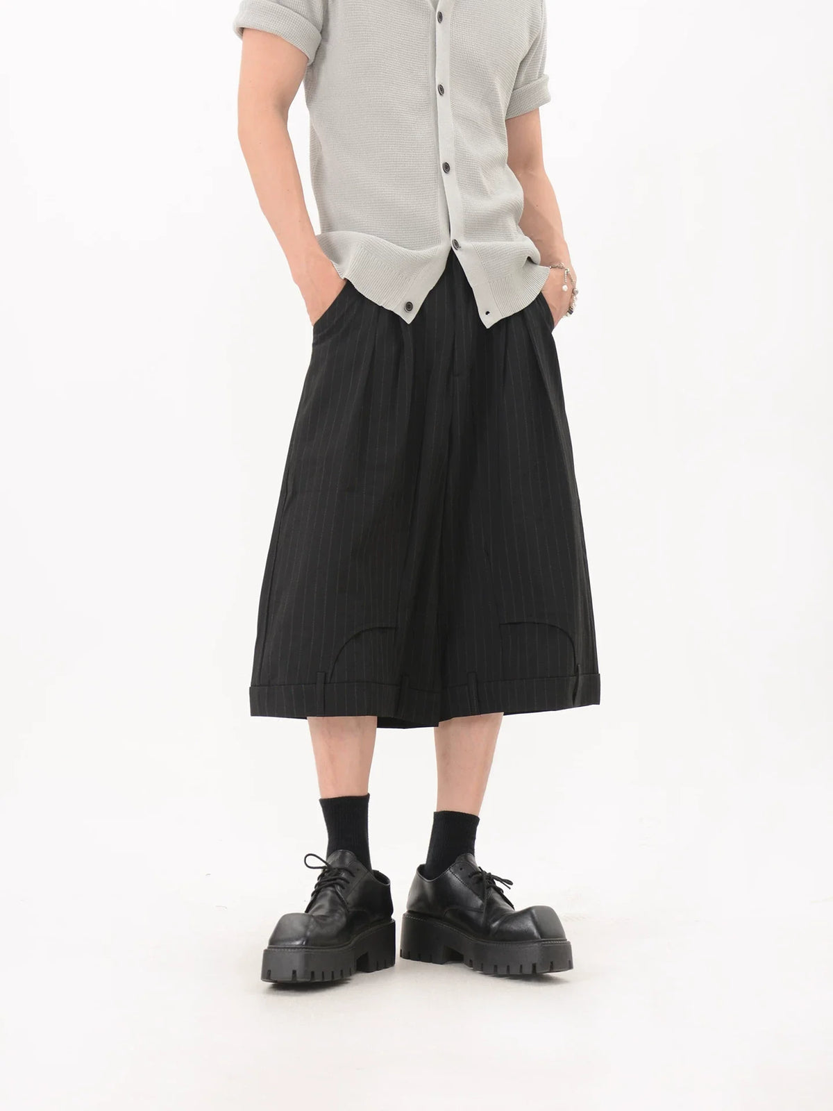 Pinstripe Pleated Wide Leg Culotte Pants