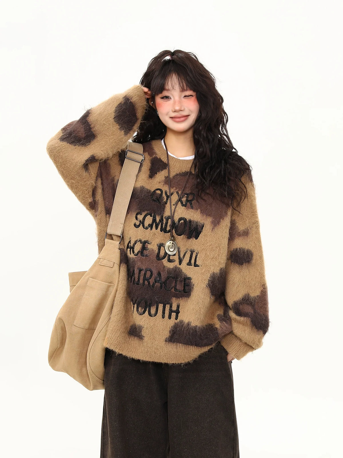 Mocha Mirage Fuzzy Graphic Sweater