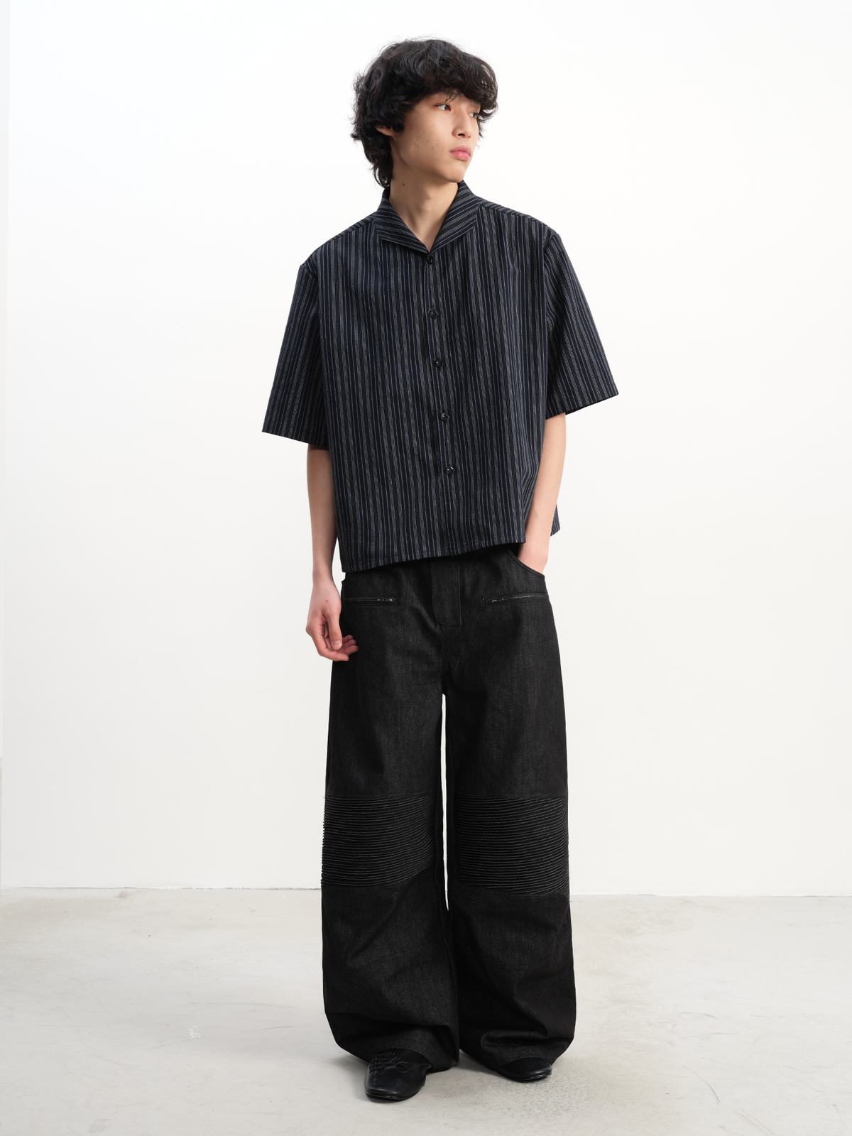 Ribbed Knee Panels Wide-Leg Denim Pants