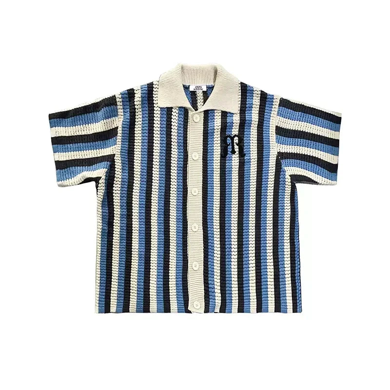 Blue Stripe Openwork Oversized Polo Shirt