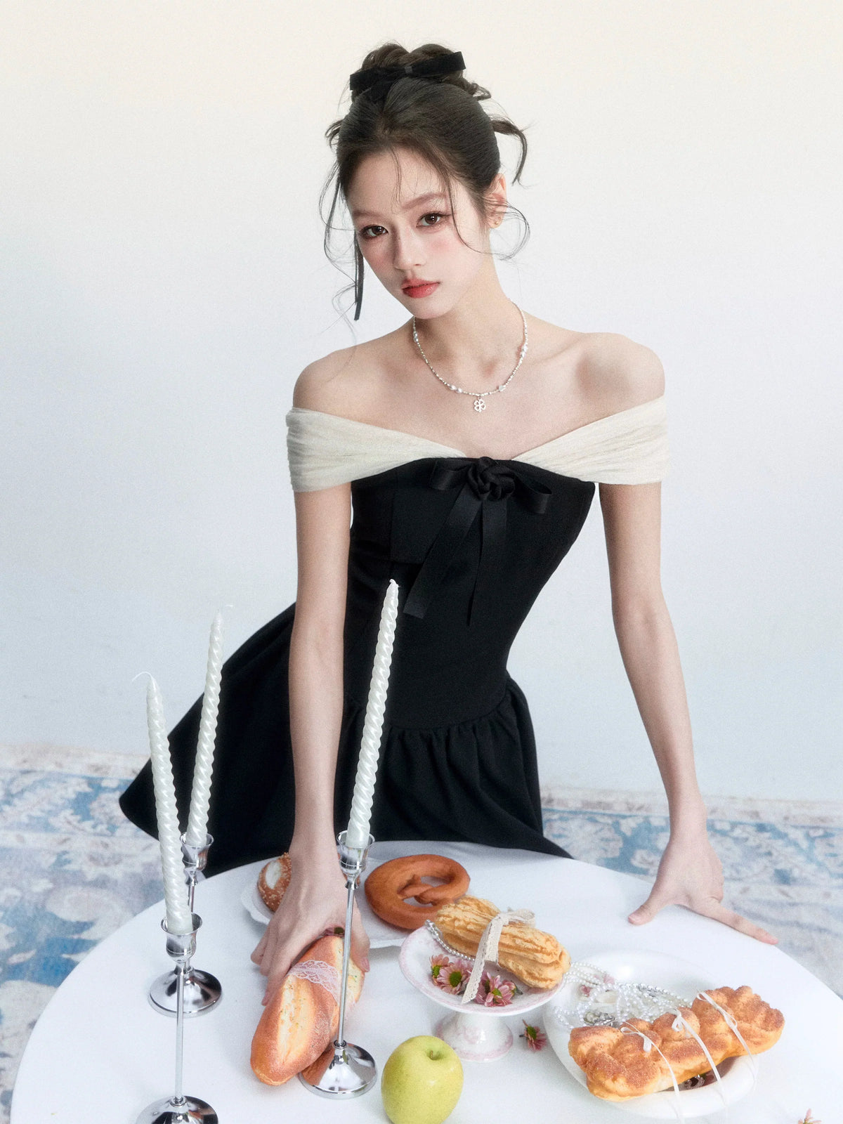 Contrast Off-Shoulder Bow Mini Dress