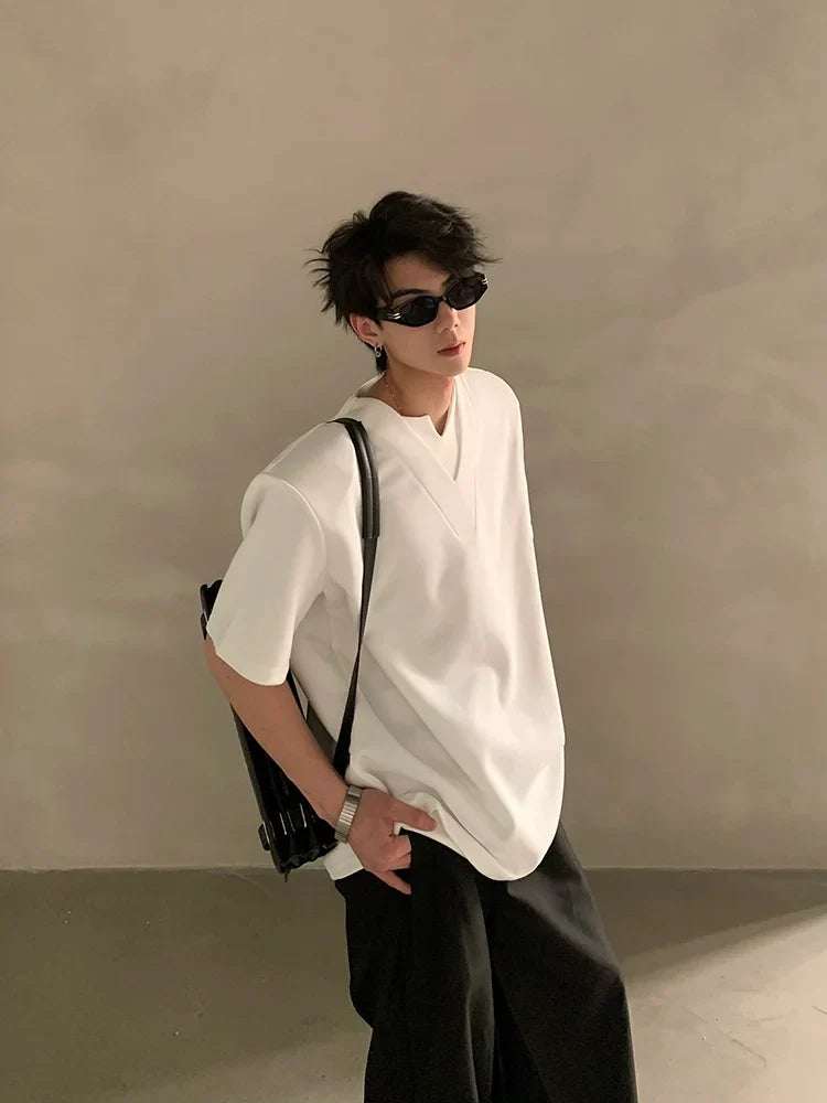 Minimalist Short Sleeve Shirt with Deep V Notched Neckline