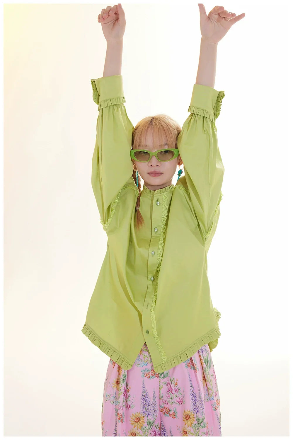 Lime Green Lace Trim Button Down Blouse