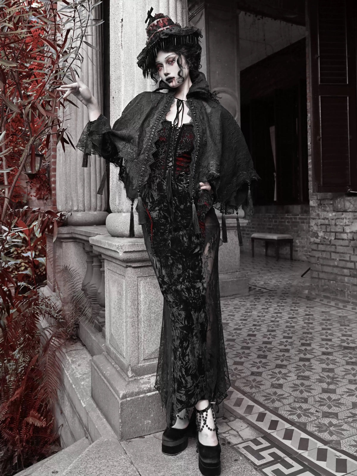 Gothic Lace High Collar Cape with Tassels